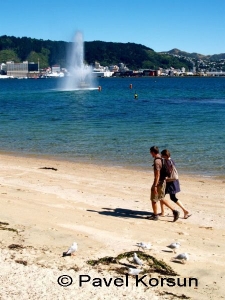 Парень и девушка идут по пляжу на фоне фонтана в залива Ориентал 