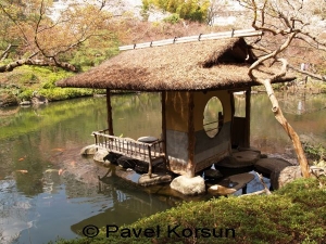 Летний японский домик на камнях возле небольшого озера