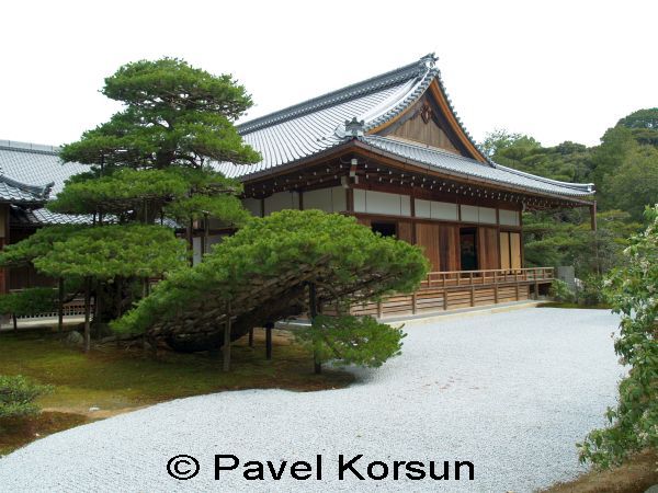 Классический японский дом, два дерева и дорожка из белой гальки