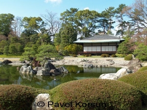 Японский сад - домик для медитации, озеро, остров и дерево